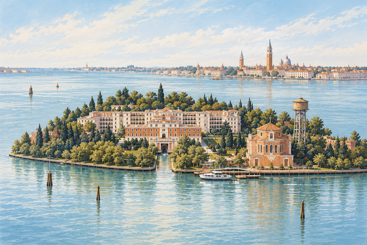 Painterly illustration of the JW Marriott Venice Resort and the Venice lagoon